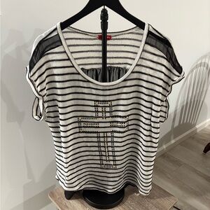 BONGO Black and White Striped Tee with Cross Design